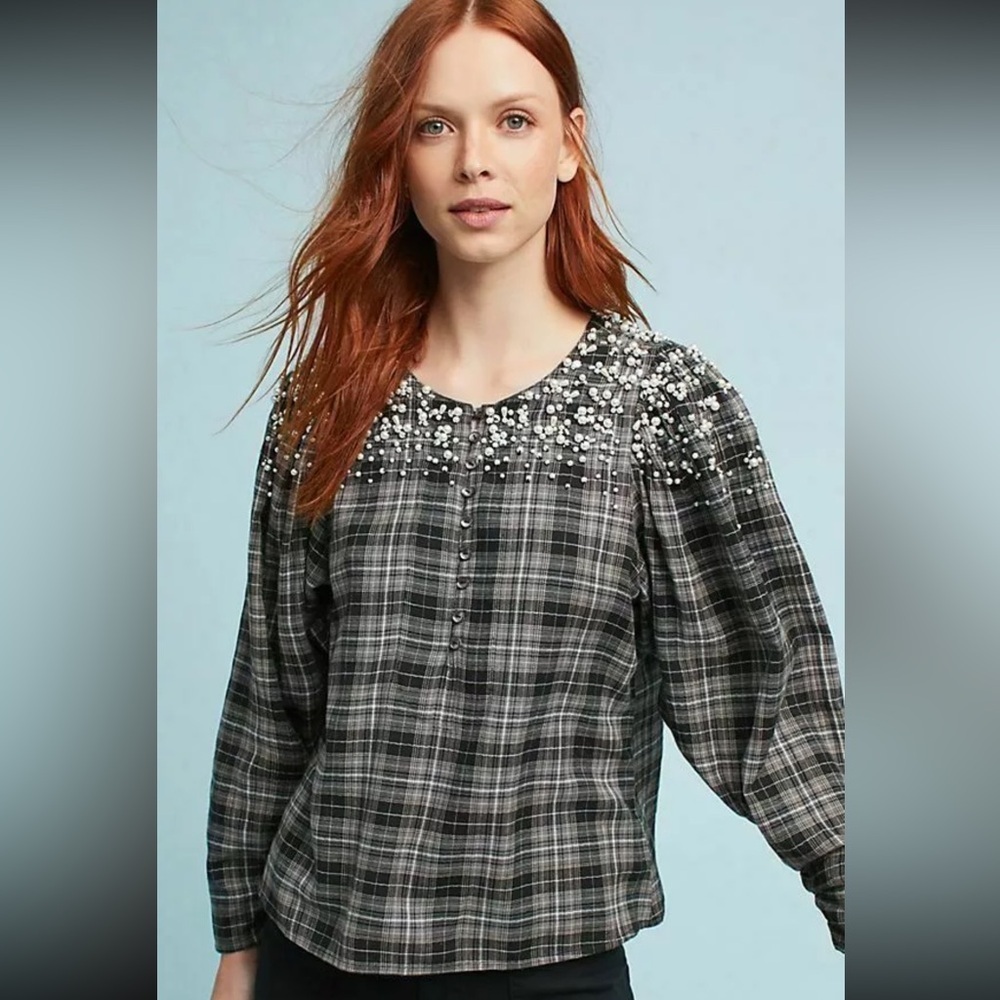 Anthropologie Akemi + Kin XS Black & Gray Plaid Beaded Flannel Blouse​
